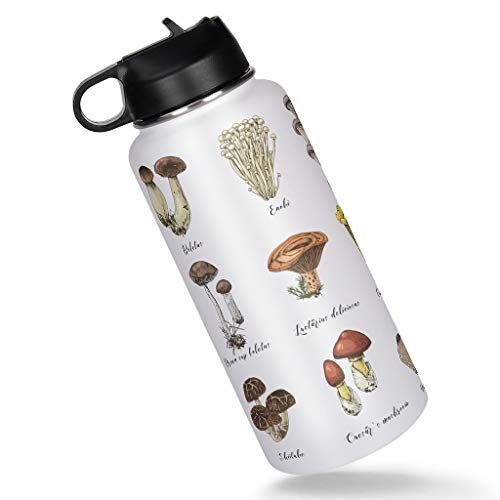 Mushroom Stainless Steel Sports Water Bottle with Straw Lid Travel Thermo Mug Gifts for Friends white 32oz