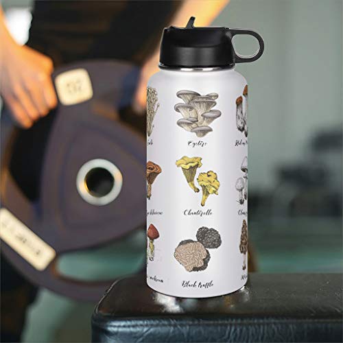 Mushroom Stainless Steel Sports Water Bottle with Straw Lid Travel Thermo Mug Gifts for Friends white 32oz