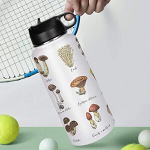 Mushroom Stainless Steel Sports Water Bottle with Straw Lid Travel Thermo Mug Gifts for Friends white 32oz