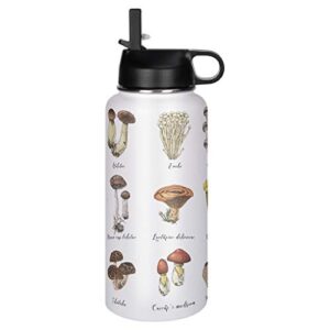 Mushroom Stainless Steel Sports Water Bottle with Straw Lid Travel Thermo Mug Gifts for Friends white 32oz