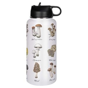 Mushroom Stainless Steel Sports Water Bottle with Straw Lid Travel Thermo Mug Gifts for Friends white 32oz