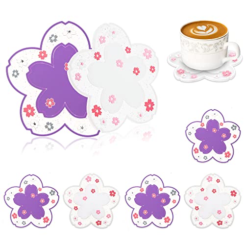 Conisy Flower Coasters for Drinks,6 Pcs Cute Non-Slip Washable Reusable Heat Resistant Silicone Coasters (Sakura,Purple & White)