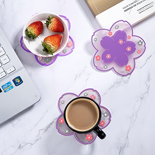 Conisy Flower Coasters for Drinks,6 Pcs Cute Non-Slip Washable Reusable Heat Resistant Silicone Coasters (Sakura,Purple & White)