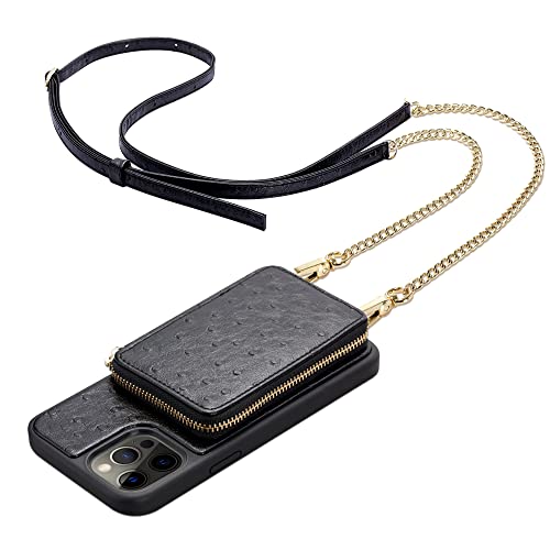 ZVEdeng Crossbody Case for iPhone 12 Pro Max, Zipper Wallet Case Card Holder Crossbody Chain Strap Leather Handbag Purse Case for Women Shockproof Case for iPhone 12 Pro Max 6.7'' Ostrich Skin Black