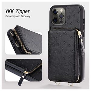 ZVEdeng Crossbody Case for iPhone 12 Pro Max, Zipper Wallet Case Card Holder Crossbody Chain Strap Leather Handbag Purse Case for Women Shockproof Case for iPhone 12 Pro Max 6.7'' Ostrich Skin Black