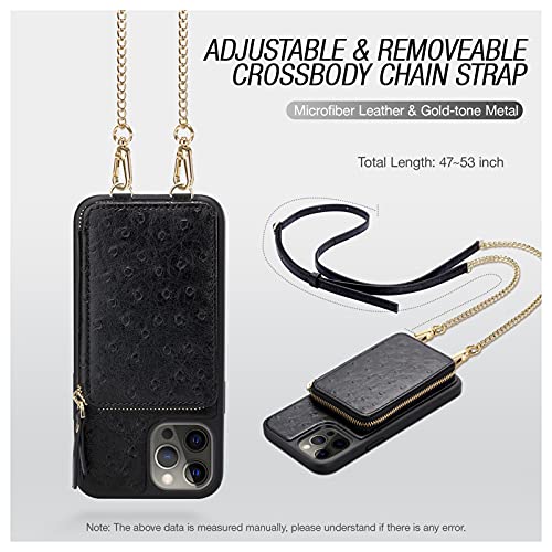 ZVEdeng Crossbody Case for iPhone 12 Pro Max, Zipper Wallet Case Card Holder Crossbody Chain Strap Leather Handbag Purse Case for Women Shockproof Case for iPhone 12 Pro Max 6.7'' Ostrich Skin Black