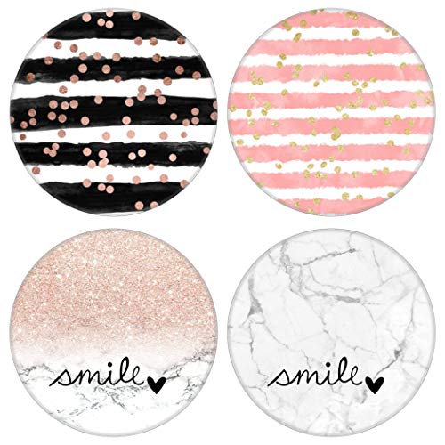 4 Pack Cell Phone Stand，Multi-Function Cellphone Foldable Finger Grip Holder for Smartphone and Tablets - Rose Gold Blush Pink Confetti White Black Stripes Marble Smile Heart