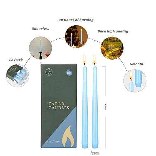 Laskey Taper Candles 10 Inch Tall Wedding Dinner Candle Set of 12 (Light Blue)