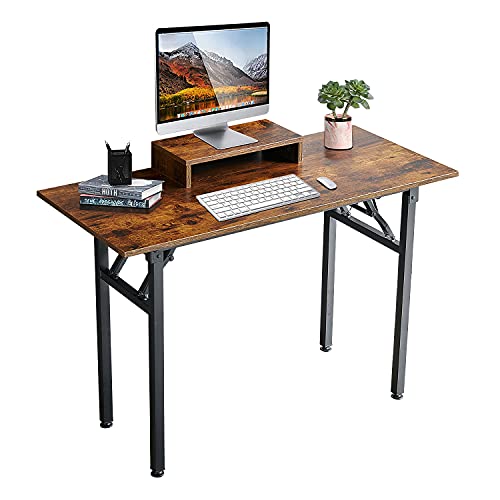 43.3'' Folding Computer Desk with Extra Monitor Stand Riser, Home Office Writing Study Desk Workstation, Folding Computer Tables for Small Places, No Assembly Desk, Rustic Brown