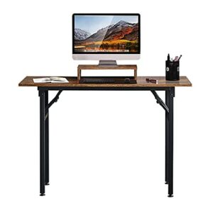 43.3'' Folding Computer Desk with Extra Monitor Stand Riser, Home Office Writing Study Desk Workstation, Folding Computer Tables for Small Places, No Assembly Desk, Rustic Brown