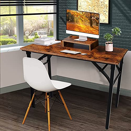 43.3'' Folding Computer Desk with Extra Monitor Stand Riser, Home Office Writing Study Desk Workstation, Folding Computer Tables for Small Places, No Assembly Desk, Rustic Brown