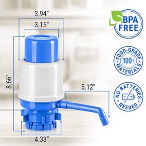 HotFrost Manual Water Pump for 5 Gallon Bottle – Hand Pressure Water Dispenser - Secure Fit on Crown Top Jugs - 3 Tube Lengths, Protective Spout Cap, Cleaning Brush, BPA-Free Food-Grade Materials