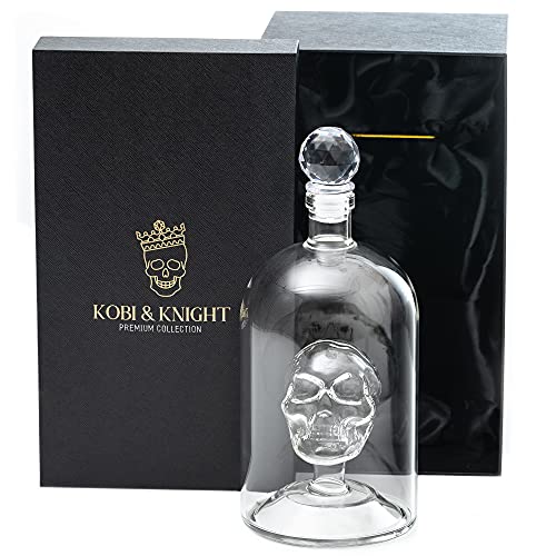 Kobi & Knight Premium Skull Decanter - Handmade Skull Whiskey Decanter with Airtight Stopper - Borosilicate Glass Skull Decanter - Thick Vodka, Rum, Gin, Tequila Bottle - 25fl oz / 750ml Skull Barware