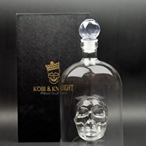 Kobi & Knight Premium Skull Decanter - Handmade Skull Whiskey Decanter with Airtight Stopper - Borosilicate Glass Skull Decanter - Thick Vodka, Rum, Gin, Tequila Bottle - 25fl oz / 750ml Skull Barware