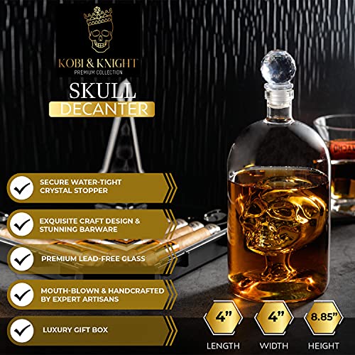 Kobi & Knight Premium Skull Decanter - Handmade Skull Whiskey Decanter with Airtight Stopper - Borosilicate Glass Skull Decanter - Thick Vodka, Rum, Gin, Tequila Bottle - 25fl oz / 750ml Skull Barware