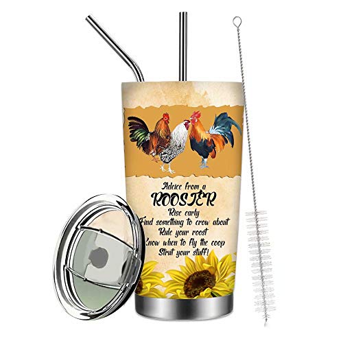 20oz Stainless Steel Rooster Tumbler Cup,Farm Country Chicken Travel Mug, Sunflower Rooster Rise Coffee Cup With Lids Straw,Insulated Vacuum Thermal Double Wall Water Bottle for Family