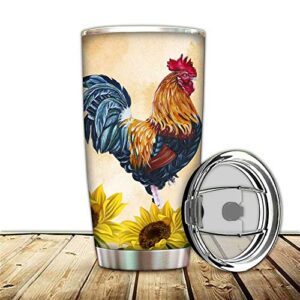 20oz Stainless Steel Rooster Tumbler Cup,Farm Country Chicken Travel Mug, Sunflower Rooster Rise Coffee Cup With Lids Straw,Insulated Vacuum Thermal Double Wall Water Bottle for Family