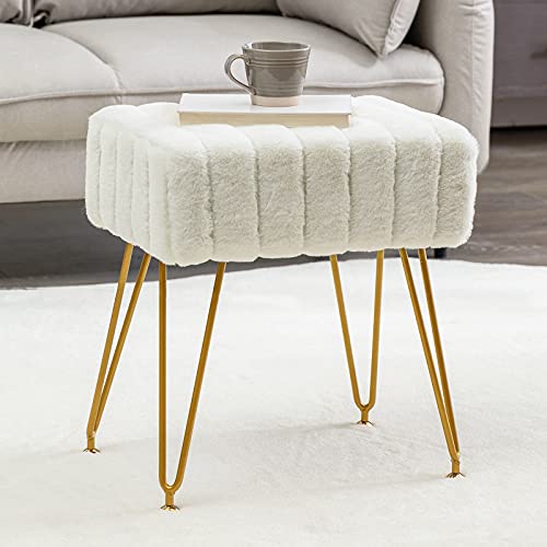 Modern Mink Square Footstool Ottoman Bench, White Faux Fur Vanity Stool with Gold Legs, Comfy Vanity Chair Entryway Bench, Makeup Stools for Vanity, Plush Fluffy Footrest for Bedroom, Living Room