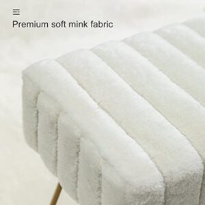 Modern Mink Square Footstool Ottoman Bench, White Faux Fur Vanity Stool with Gold Legs, Comfy Vanity Chair Entryway Bench, Makeup Stools for Vanity, Plush Fluffy Footrest for Bedroom, Living Room