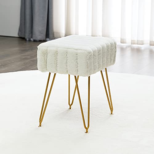 Modern Mink Square Footstool Ottoman Bench, White Faux Fur Vanity Stool with Gold Legs, Comfy Vanity Chair Entryway Bench, Makeup Stools for Vanity, Plush Fluffy Footrest for Bedroom, Living Room