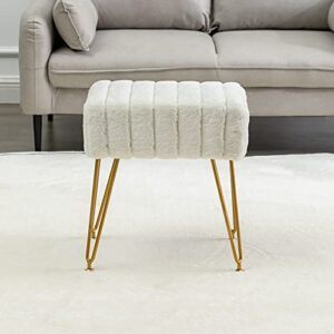 Modern Mink Square Footstool Ottoman Bench, White Faux Fur Vanity Stool with Gold Legs, Comfy Vanity Chair Entryway Bench, Makeup Stools for Vanity, Plush Fluffy Footrest for Bedroom, Living Room
