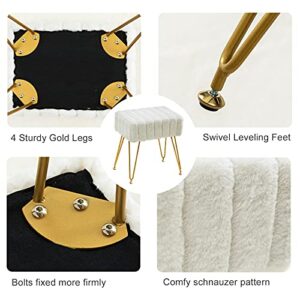 Modern Mink Square Footstool Ottoman Bench, White Faux Fur Vanity Stool with Gold Legs, Comfy Vanity Chair Entryway Bench, Makeup Stools for Vanity, Plush Fluffy Footrest for Bedroom, Living Room