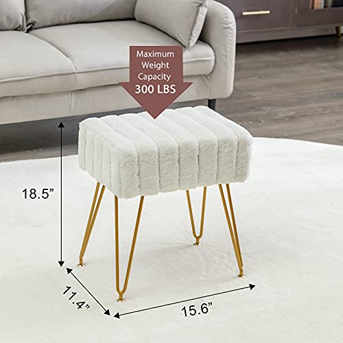 Modern Mink Square Footstool Ottoman Bench, White Faux Fur Vanity Stool with Gold Legs, Comfy Vanity Chair Entryway Bench, Makeup Stools for Vanity, Plush Fluffy Footrest for Bedroom, Living Room