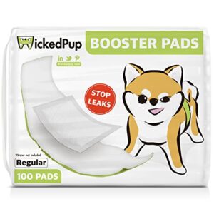 wickedpup dog diaper liners booster pads for male and female dogs, 100ct | disposable doggie diaper inserts fit most reusable pet belly bands, cover wraps, and washable period panties