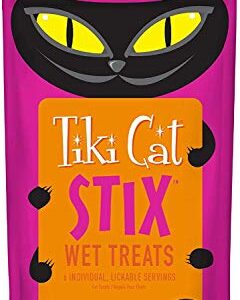 (12 Pack, 72 Stix) Tiki Pets Cat Stix Wet Treats Topper, Grain Free Lickable Smooth Blend with Chicken in Creamy Gravy with 10ct Pet Wipes