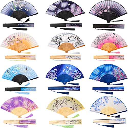 Jetec 12 Pieces Floral Folding Hand Fans Chinese Style Bamboo Folding Fan Vintage Pattern Hand Fan Handheld Fabric Folding Fan with Tassel Women's Hollowed Bamboo Hand Holding Fan for Wedding Party