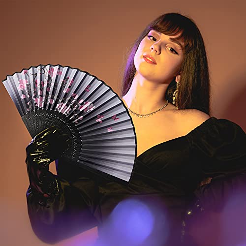 Jetec 12 Pieces Floral Folding Hand Fans Chinese Style Bamboo Folding Fan Vintage Pattern Hand Fan Handheld Fabric Folding Fan with Tassel Women's Hollowed Bamboo Hand Holding Fan for Wedding Party