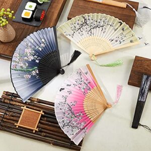 Jetec 12 Pieces Floral Folding Hand Fans Chinese Style Bamboo Folding Fan Vintage Pattern Hand Fan Handheld Fabric Folding Fan with Tassel Women's Hollowed Bamboo Hand Holding Fan for Wedding Party