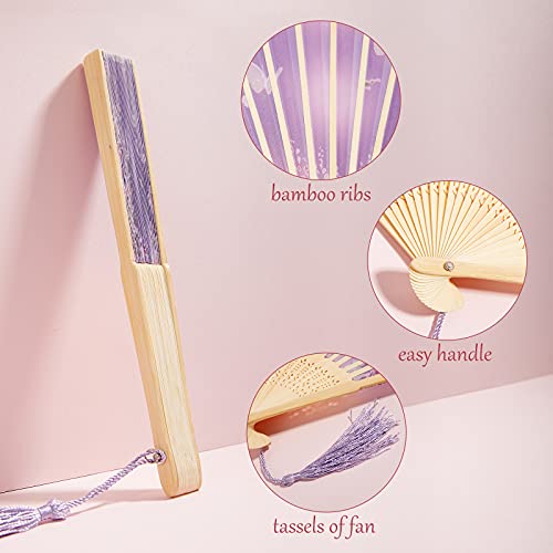 Jetec 12 Pieces Floral Folding Hand Fans Chinese Style Bamboo Folding Fan Vintage Pattern Hand Fan Handheld Fabric Folding Fan with Tassel Women's Hollowed Bamboo Hand Holding Fan for Wedding Party