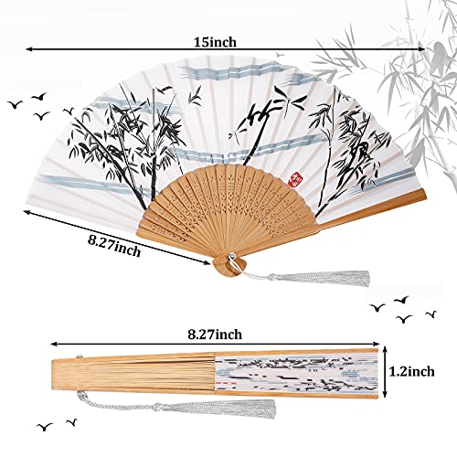 Jetec 12 Pieces Floral Folding Hand Fans Chinese Style Bamboo Folding Fan Vintage Pattern Hand Fan Handheld Fabric Folding Fan with Tassel Women's Hollowed Bamboo Hand Holding Fan for Wedding Party