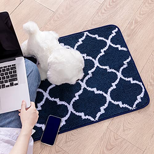 Carvapet 2 Pieces Microfiber Moroccan Trellis Non-Slip Soft Kitchen Mat Bath Rug Doormat Runner Carpet Set (17"x48"+17"x24", Navy)