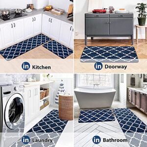 Carvapet 2 Pieces Microfiber Moroccan Trellis Non-Slip Soft Kitchen Mat Bath Rug Doormat Runner Carpet Set (17"x48"+17"x24", Navy)