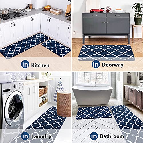 Carvapet 2 Pieces Microfiber Moroccan Trellis Non-Slip Soft Kitchen Mat Bath Rug Doormat Runner Carpet Set (17"x48"+17"x24", Navy)