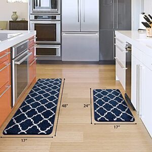 Carvapet 2 Pieces Microfiber Moroccan Trellis Non-Slip Soft Kitchen Mat Bath Rug Doormat Runner Carpet Set (17"x48"+17"x24", Navy)