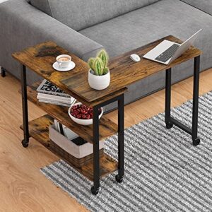 idealhouse 360° rotatable sofa side table mobile end table with 2-tier storage shelves, movable laptop table with sturdy metal frame /6 universal casters, couch snack table for home (rustic brown)