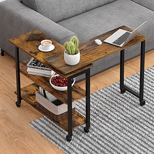 IDEALHOUSE 360° Rotatable Sofa Side Table Mobile End Table with 2-Tier Storage Shelves, Movable Laptop Table with Sturdy Metal Frame /6 Universal Casters, Couch Snack Table for Home (Rustic Brown)