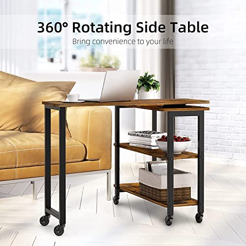 IDEALHOUSE 360° Rotatable Sofa Side Table Mobile End Table with 2-Tier Storage Shelves, Movable Laptop Table with Sturdy Metal Frame /6 Universal Casters, Couch Snack Table for Home (Rustic Brown)