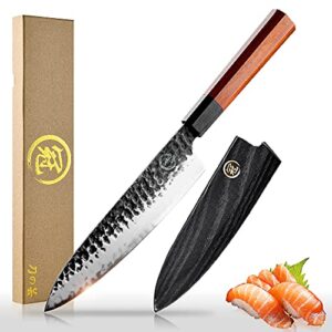 chef knife 8-inch handmade forged pro japanese sharp aus10 high carbon 3-layer steel kitchen meat vegetable sushi gyuto cutting cleaver kitchen chef knife[gift box &wooden sheath]–wooden handle