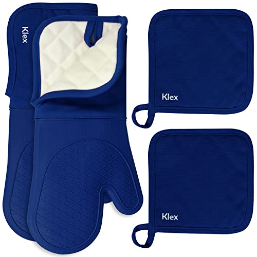 Klex Extra Long Silicone Oven Mitts and Pot Holders, 932°F Degrees Heat Resistance with Quilted Liner Oven Gloves and Hot Pads, 4 Piece Set, 15 inch, Blue