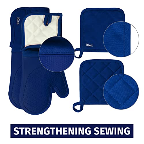 Klex Extra Long Silicone Oven Mitts and Pot Holders, 932°F Degrees Heat Resistance with Quilted Liner Oven Gloves and Hot Pads, 4 Piece Set, 15 inch, Blue