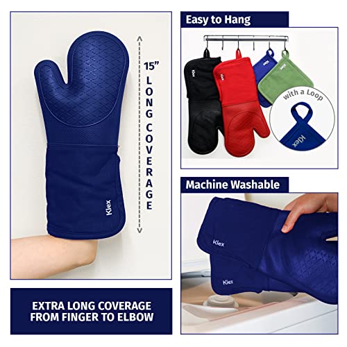 Klex Extra Long Silicone Oven Mitts and Pot Holders, 932°F Degrees Heat Resistance with Quilted Liner Oven Gloves and Hot Pads, 4 Piece Set, 15 inch, Blue