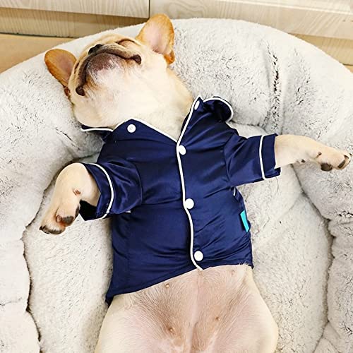 WannaTu Dog Pajamas for Small Dogs Cats Silk Soft Shirts Loungewear Lapel Two-Legged Sleepwear Shirt for All Season （Navy Blue，S）