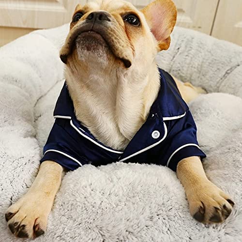 WannaTu Dog Pajamas for Small Dogs Cats Silk Soft Shirts Loungewear Lapel Two-Legged Sleepwear Shirt for All Season （Navy Blue，S）