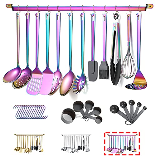 Rainbow Cooking Utensils Set, Kyraton Stainless Steel 37 Pieces Kitchen Utensils Set with Titanium Colorful Plating, Kitchen Tool Gadgets Set with Utensil Rack Heat Resistant Dishwasher Safe