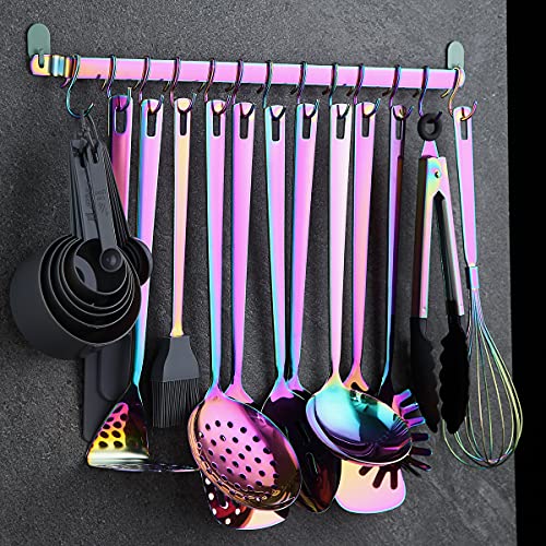 Rainbow Cooking Utensils Set, Kyraton Stainless Steel 37 Pieces Kitchen Utensils Set with Titanium Colorful Plating, Kitchen Tool Gadgets Set with Utensil Rack Heat Resistant Dishwasher Safe
