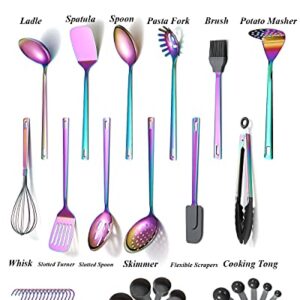 Rainbow Cooking Utensils Set, Kyraton Stainless Steel 37 Pieces Kitchen Utensils Set with Titanium Colorful Plating, Kitchen Tool Gadgets Set with Utensil Rack Heat Resistant Dishwasher Safe